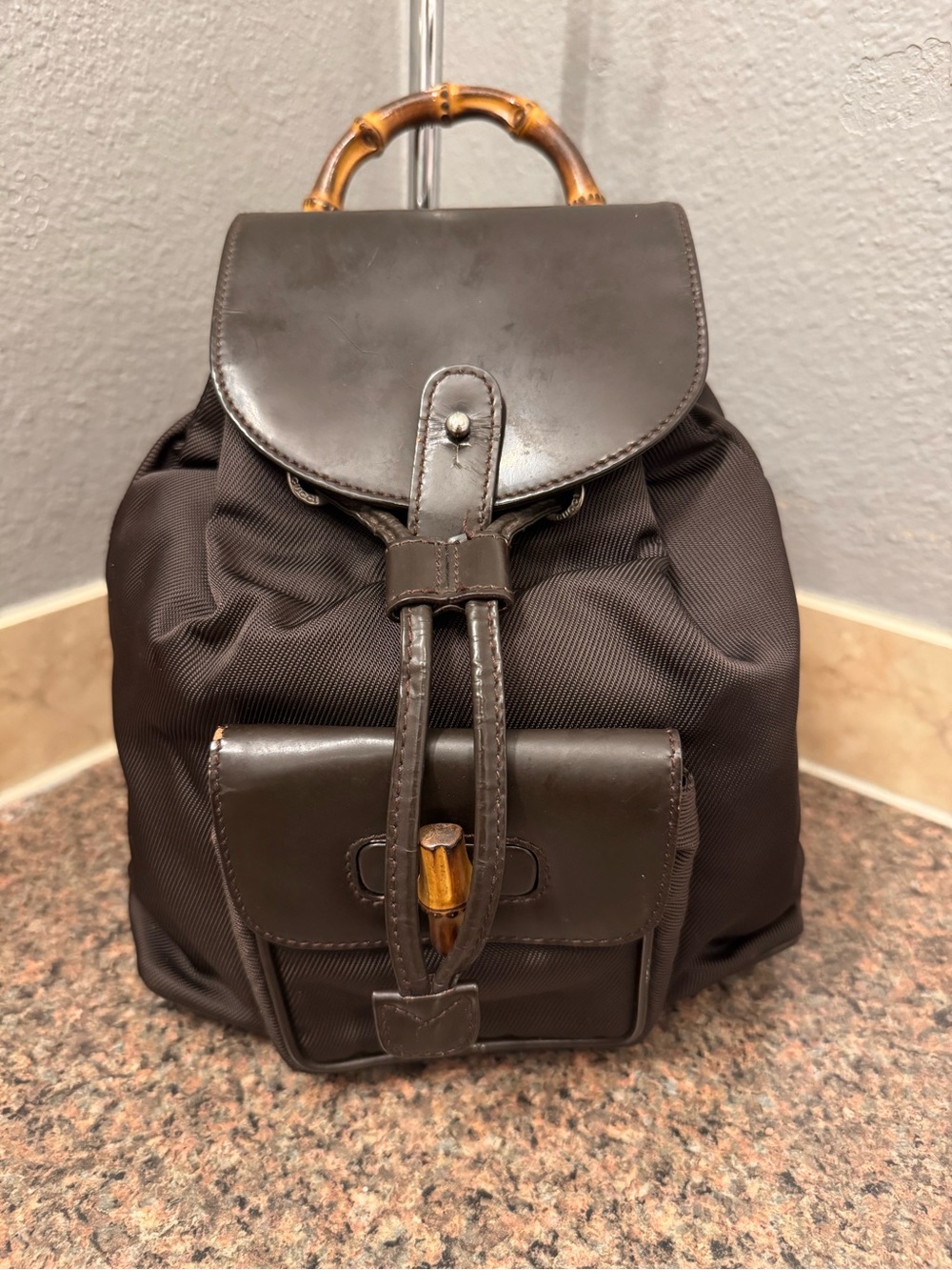 Gucci bamboo Vintage Brown Nylon & Patent Leather Mini Backpack ✅AUTHENTIC✅